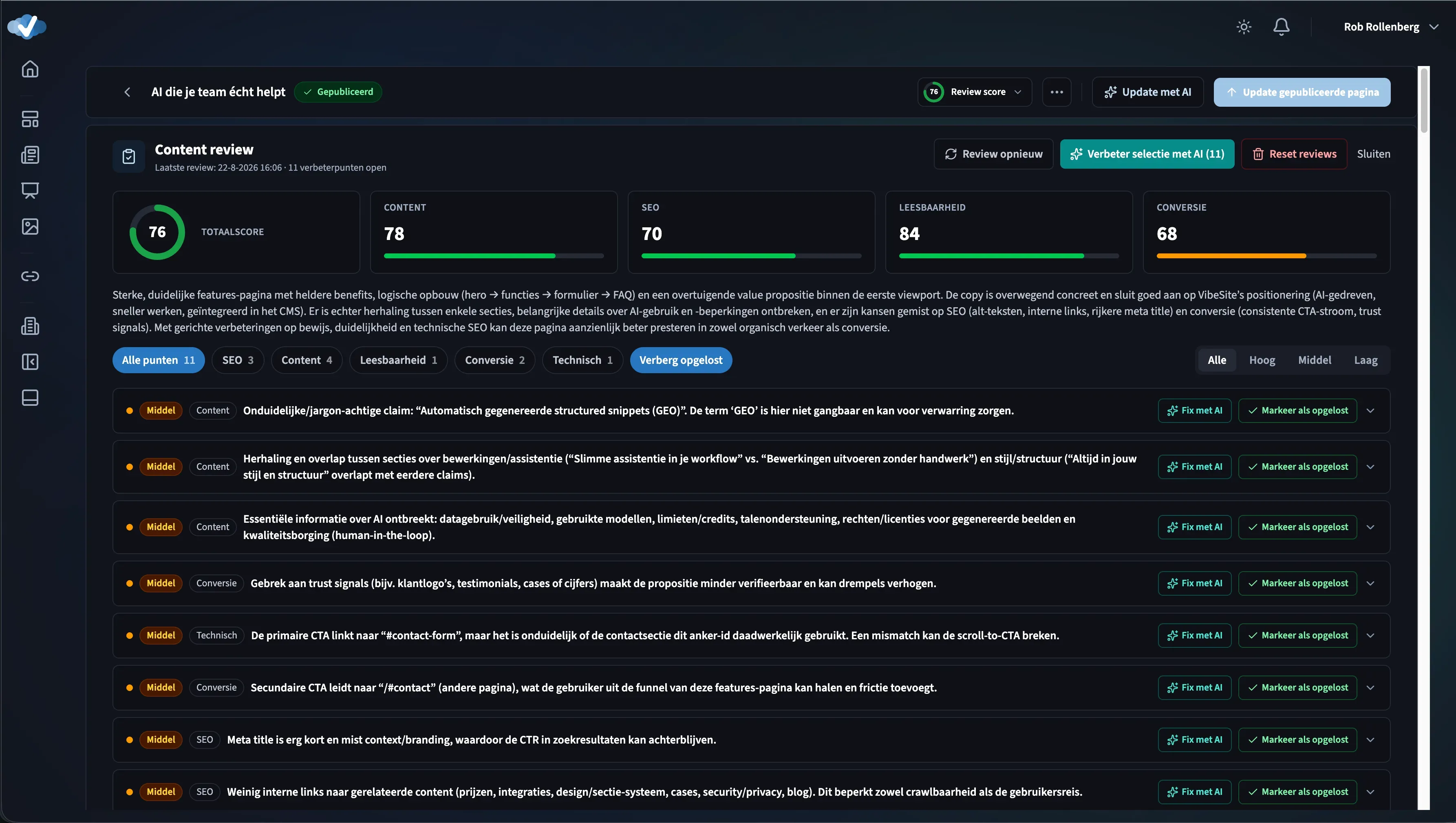 Dashboard voor contentanalyse resultaten in VibeSite