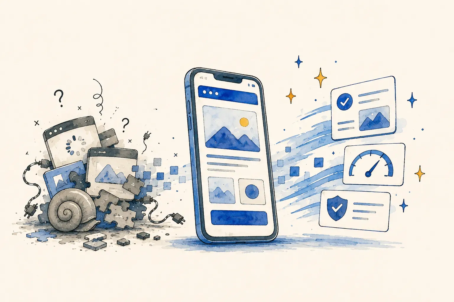 Illustratie van mobiele optimalisatie met smartphone en verouderde apparaten.