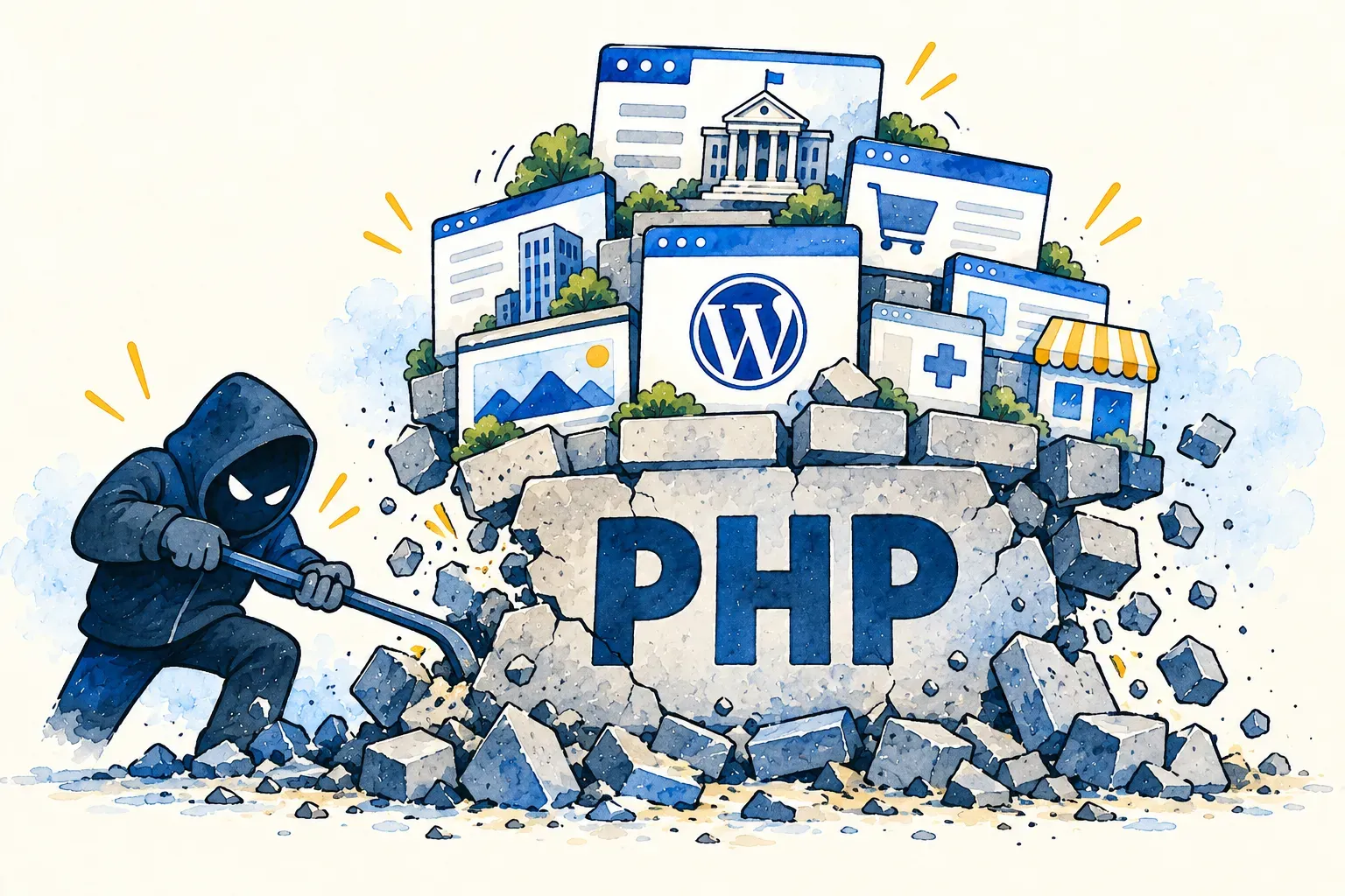 Illustratie van hacker en PHP-icoon met webpagina's