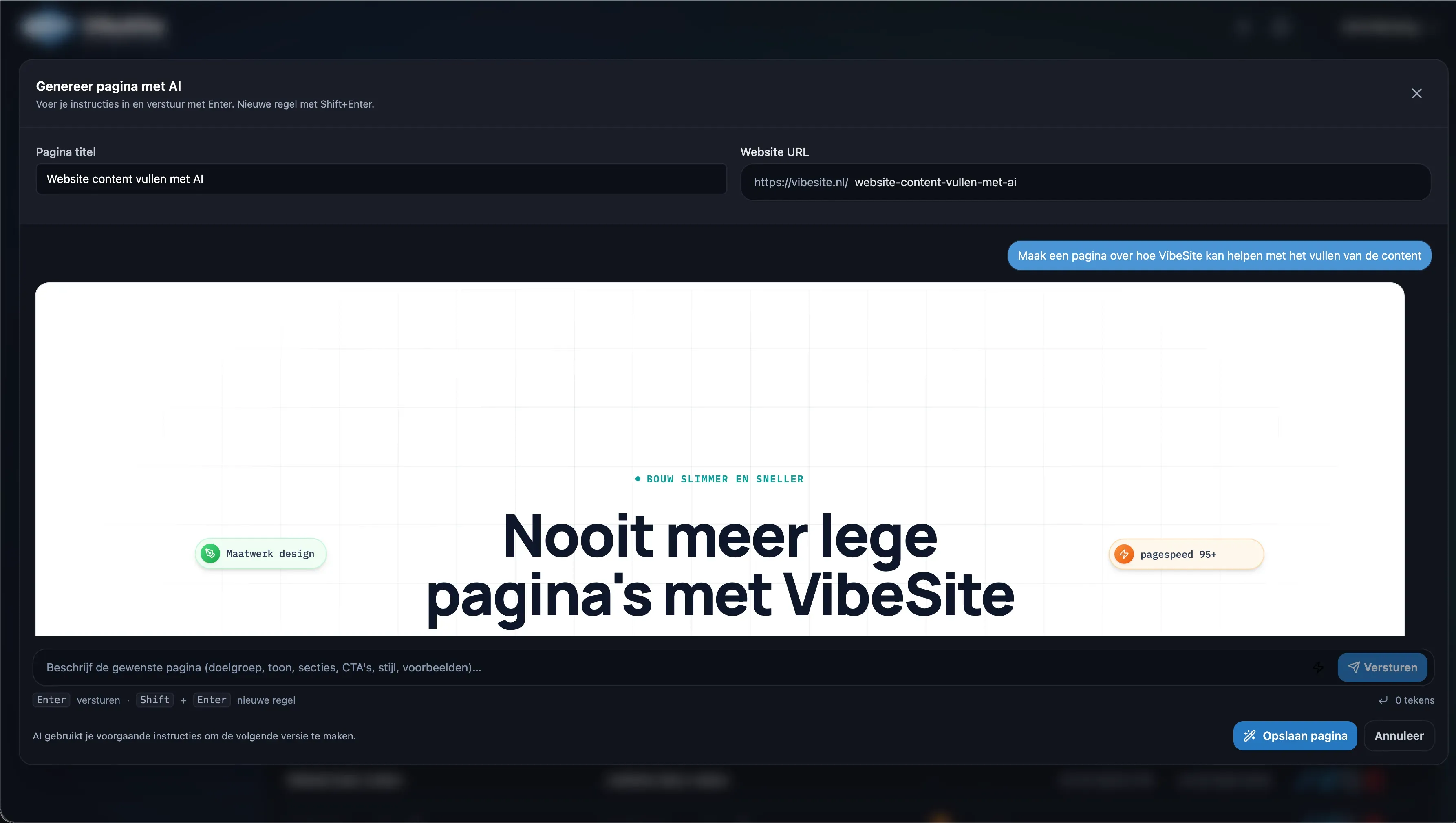 Interface van webpagina generator met AI namens VibeSite.