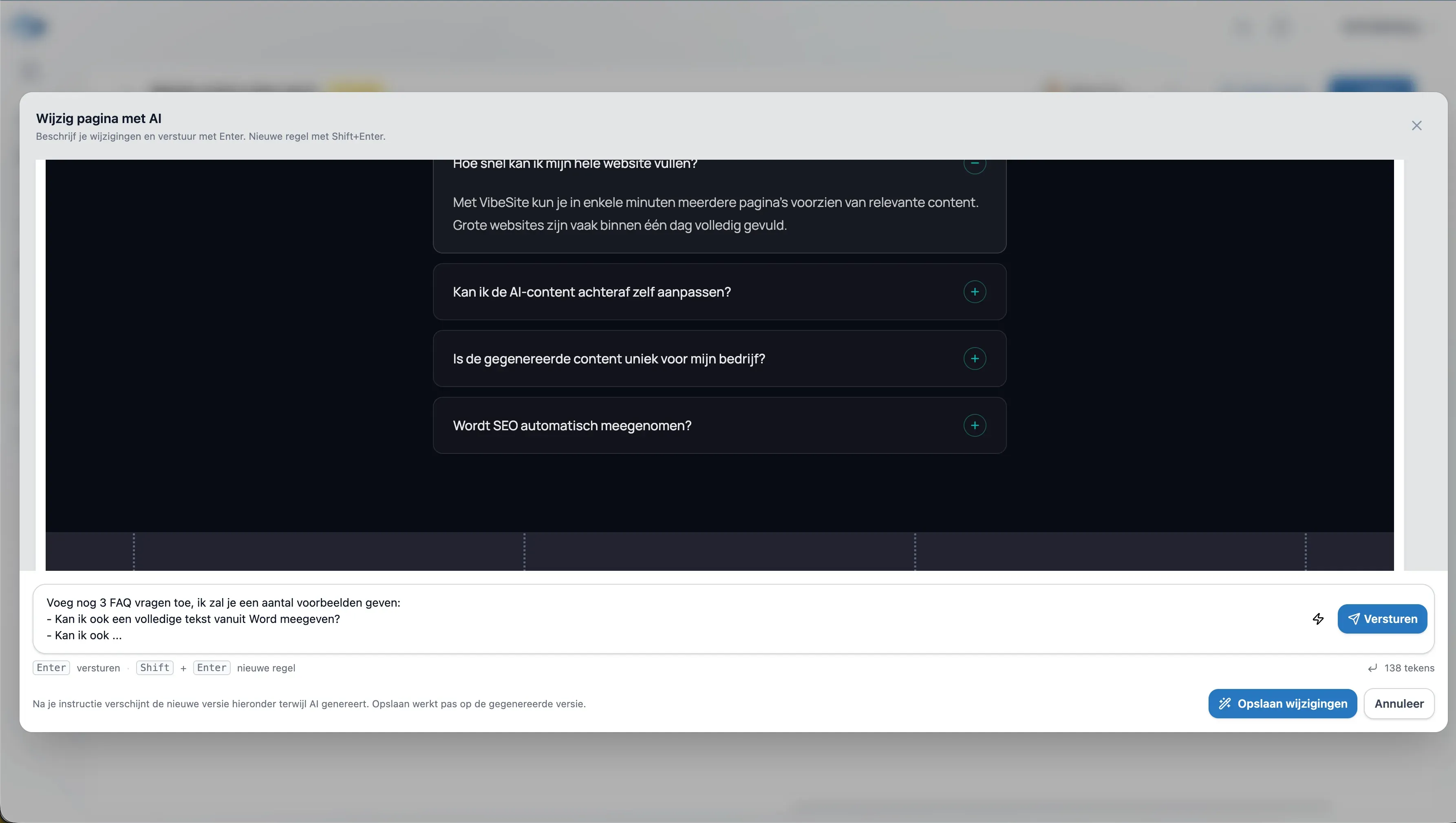 Interface screenshot met AI-inhoudswijzigingen ingegeven door gebruiker in VibeSite