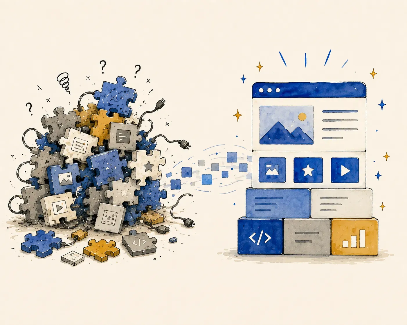 Visuele transformatie van chaos naar gestructureerde website.