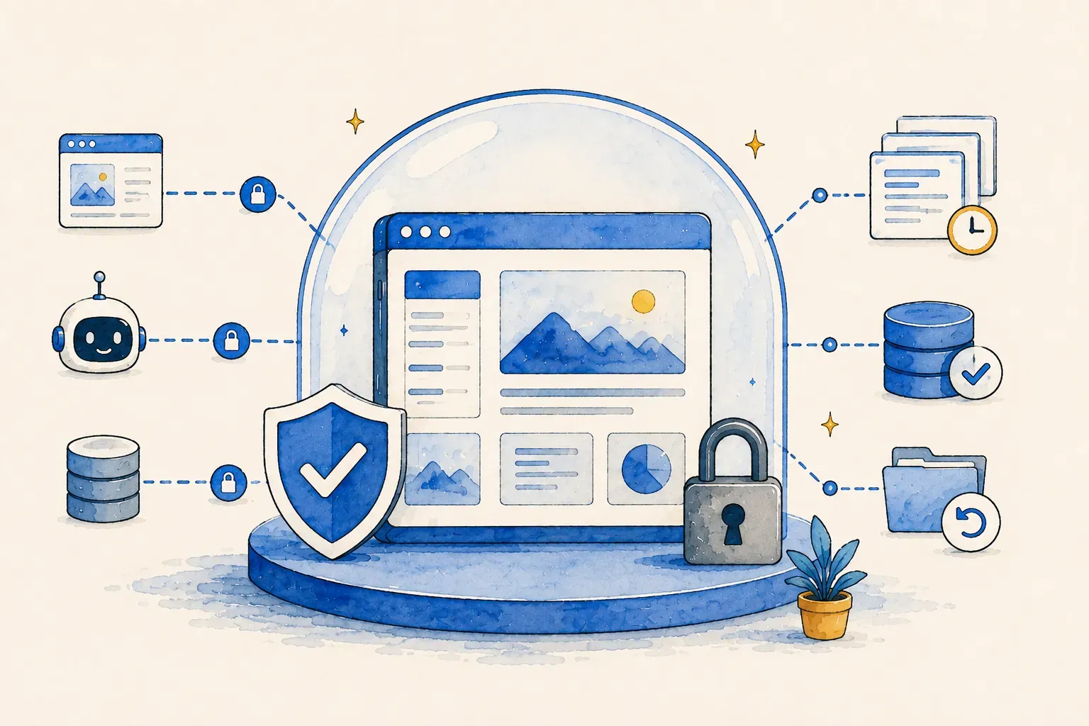 Illustratie van digitale beveiliging met een webinterface en sloten.