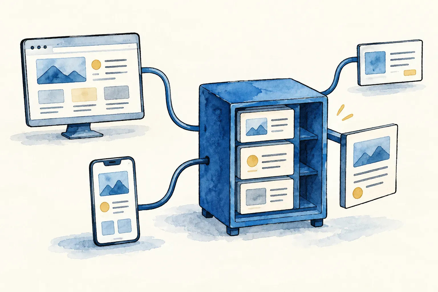 Illustratie van gegevensopslag met websites en apparaten.