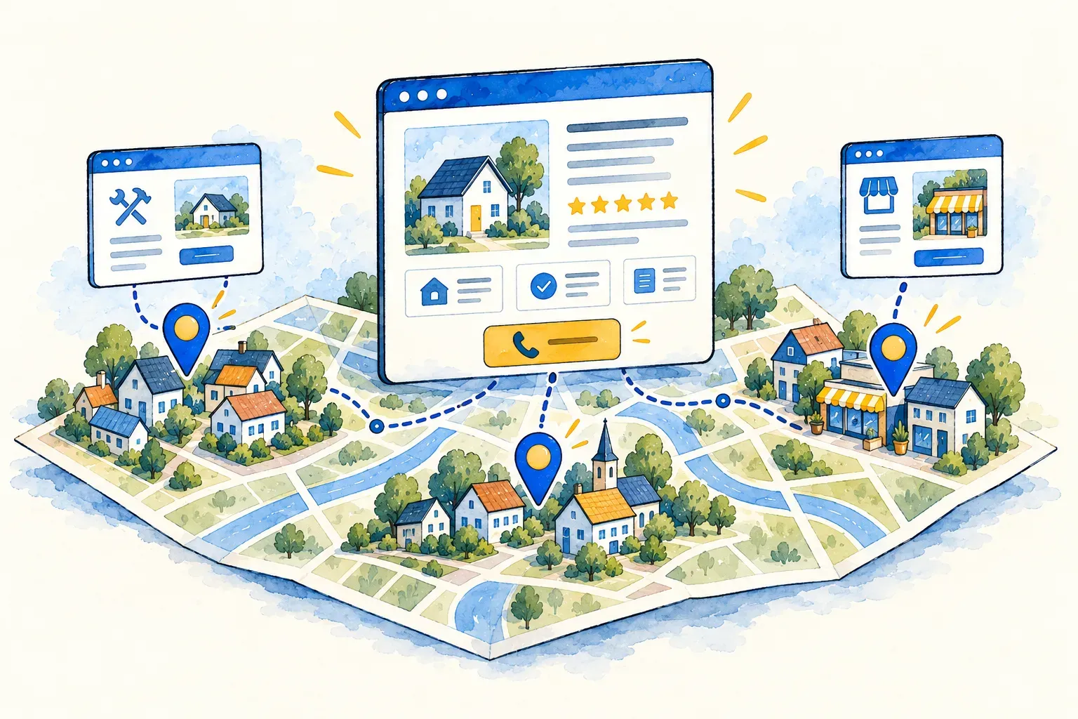 Illustratie van buurt met website koppelingen.