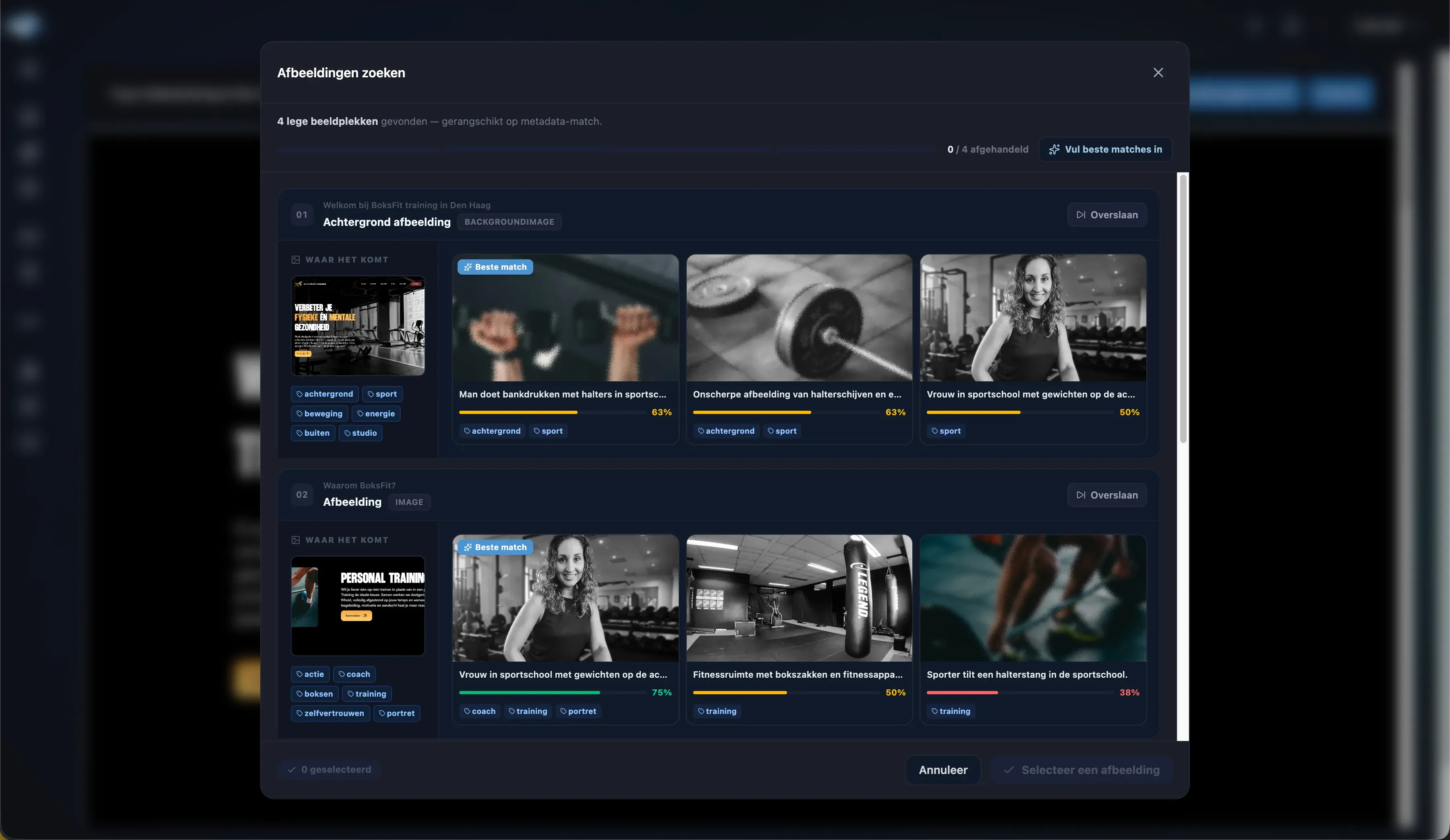 Interface voor beeldselectie met fitnessafbeeldingen