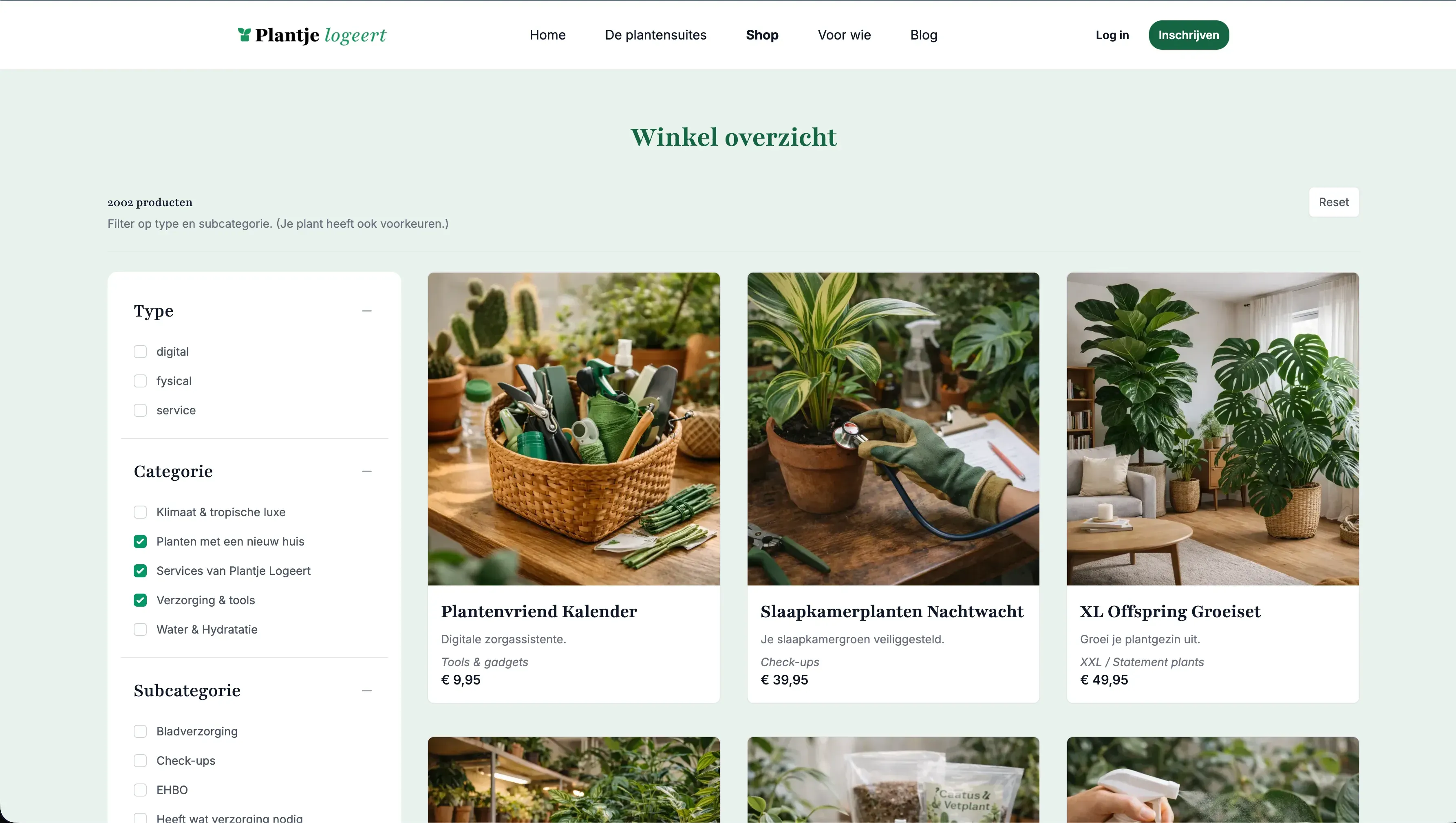 Online plantenwinkel met diverse producten en filteropties