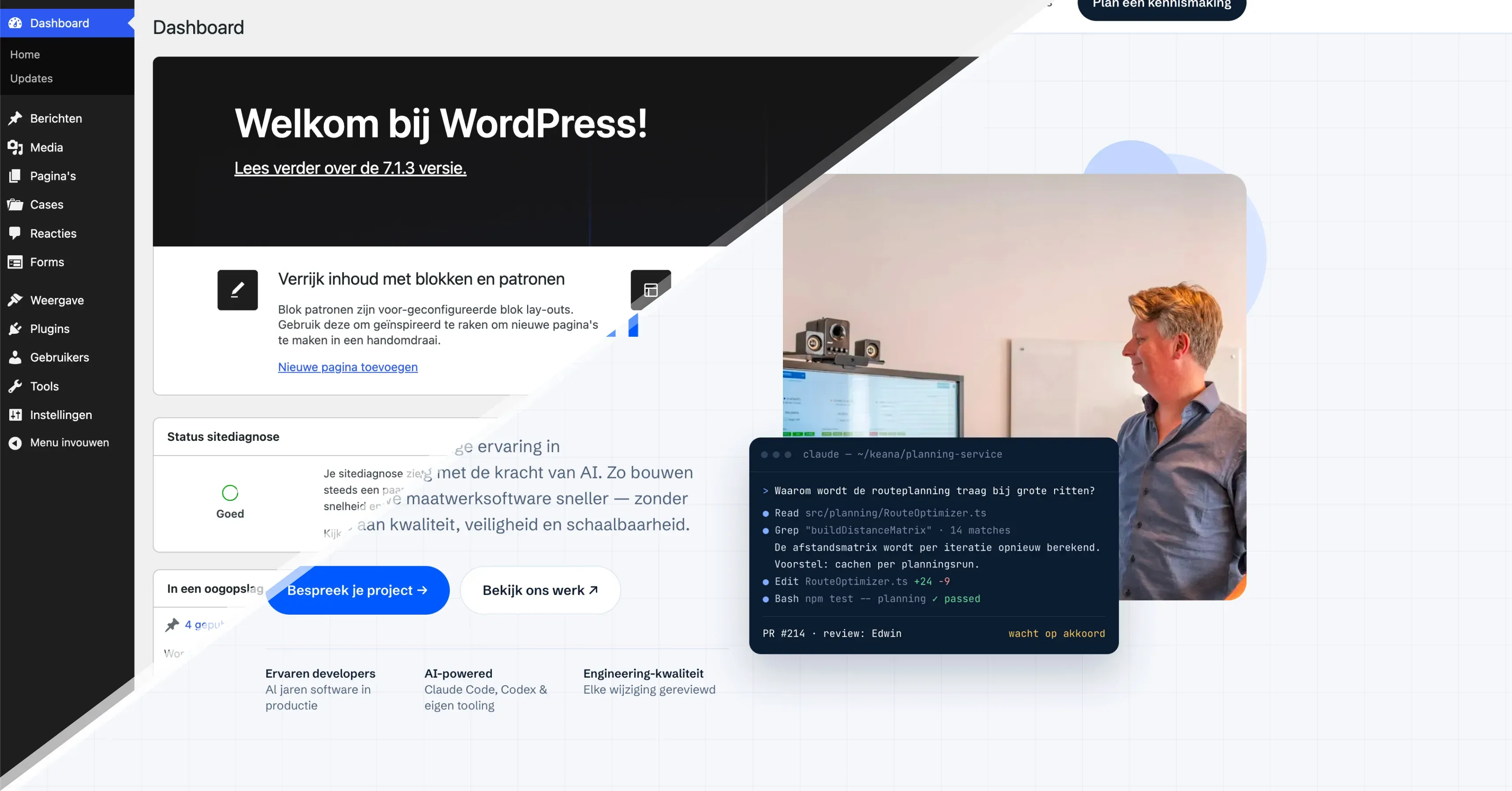 WordPress dashboard met man bij computer