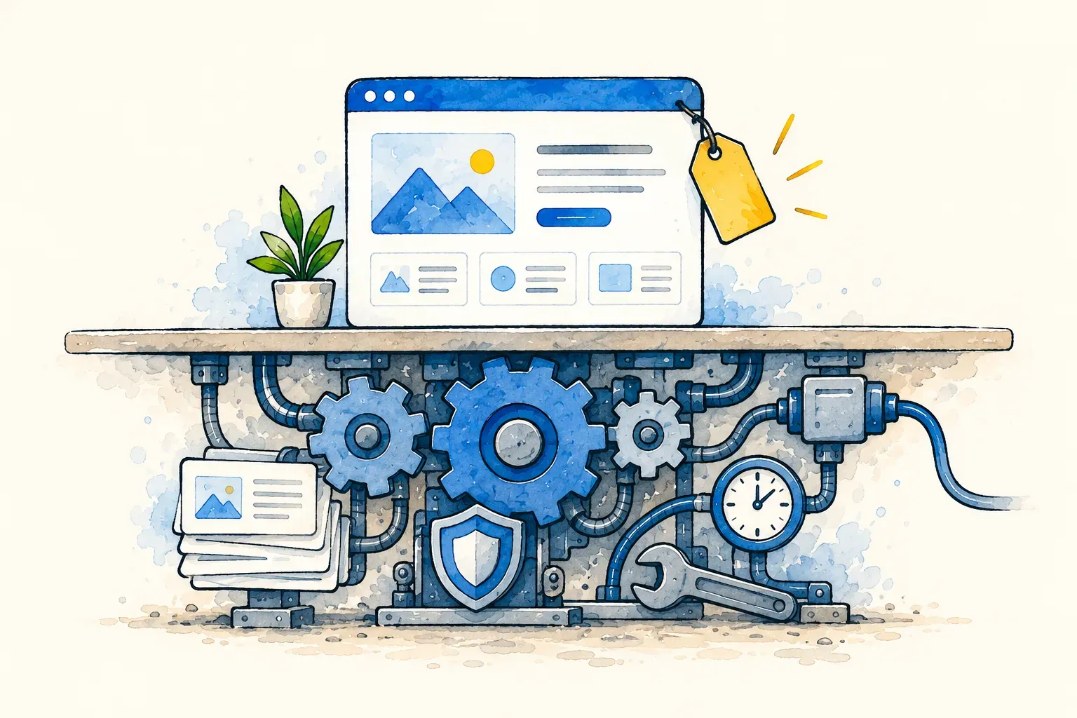 Illustratie van website ontwikkeling met tandwielen en bedrading, wat de kosten van een website illustreert.