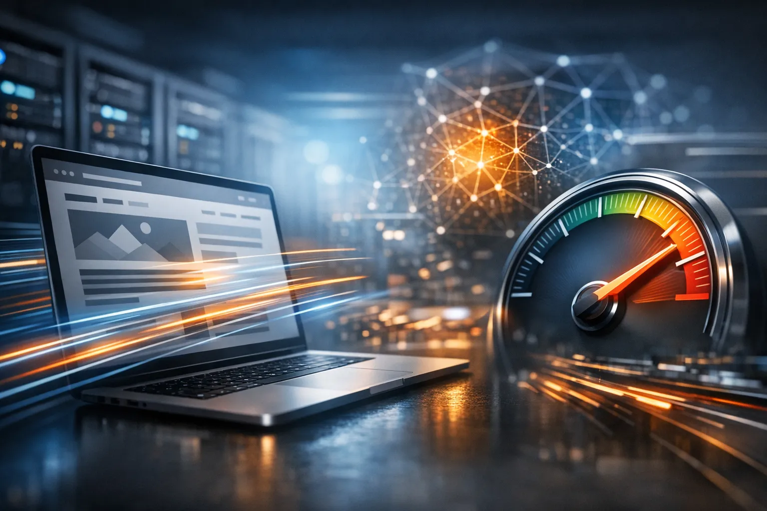 Laptop en snelheidsmeter in datacentrum