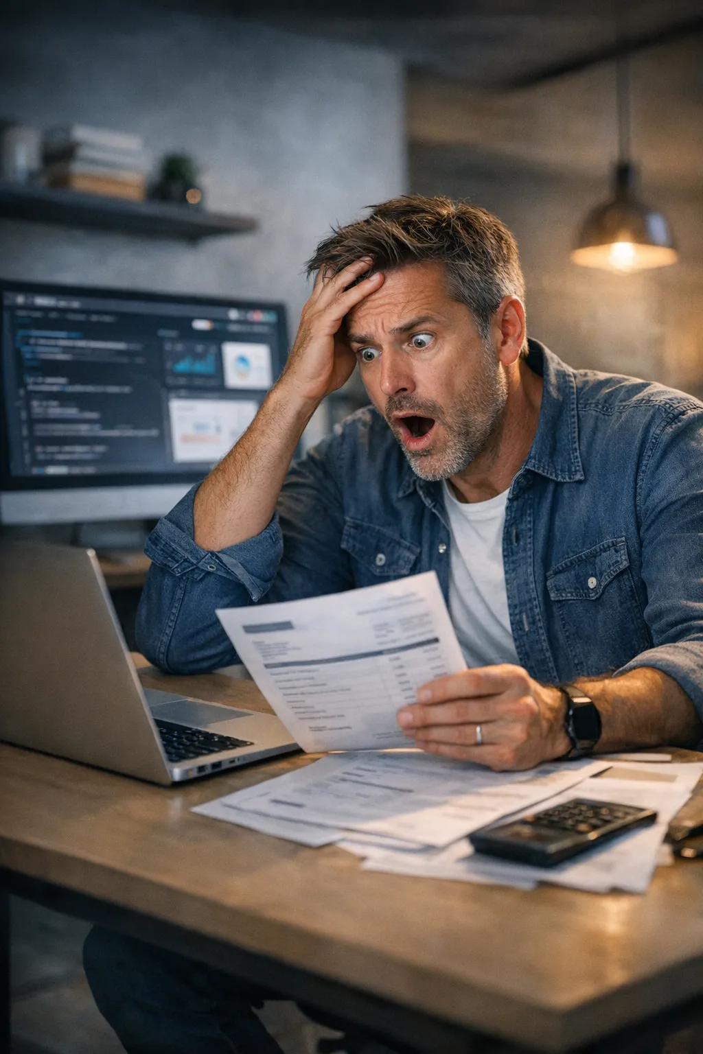 Man verbaasd kijkend naar zijn financiële documenten