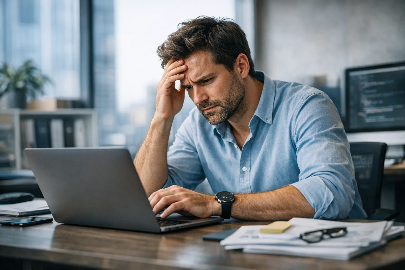 Man kijkt bezorgd naar laptop op kantoor