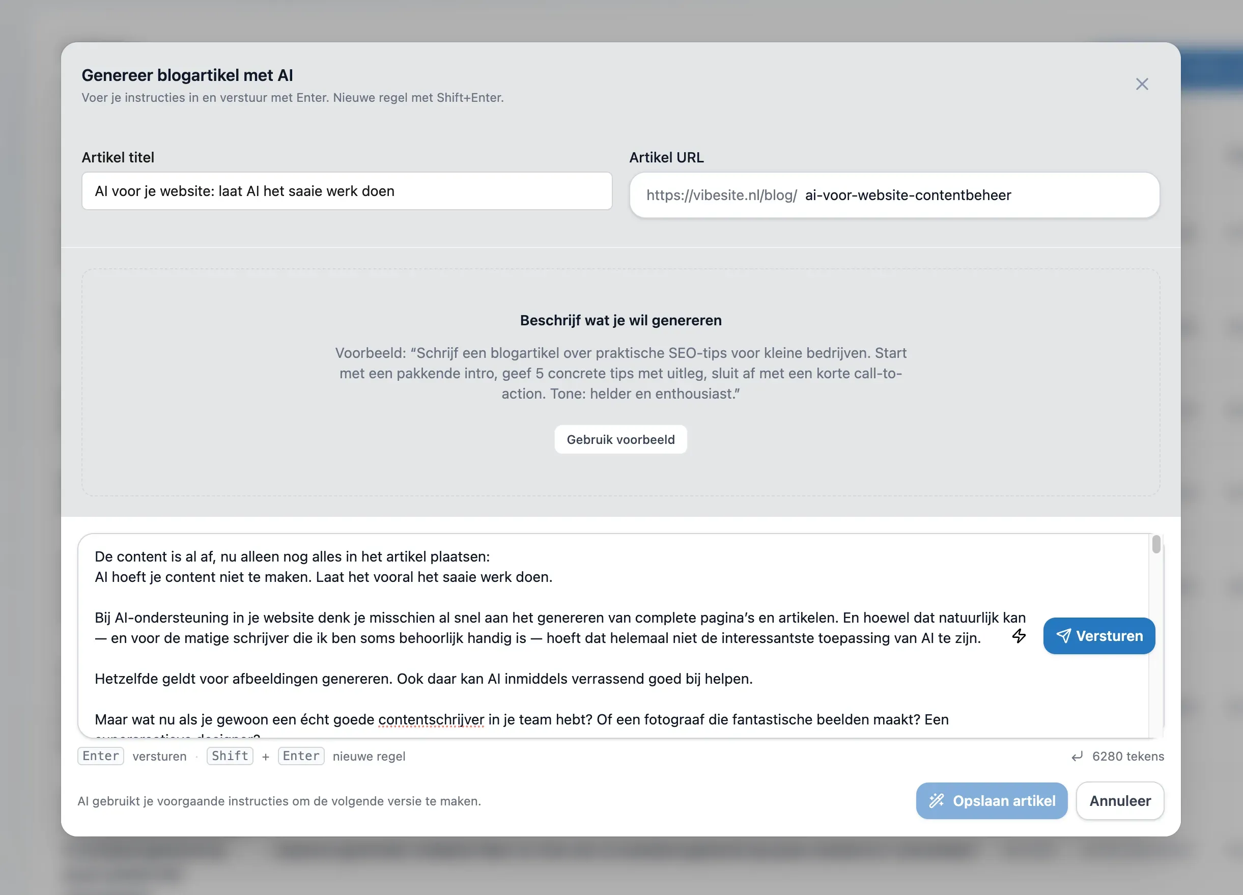 Interface voor AI-contentgeneratie.