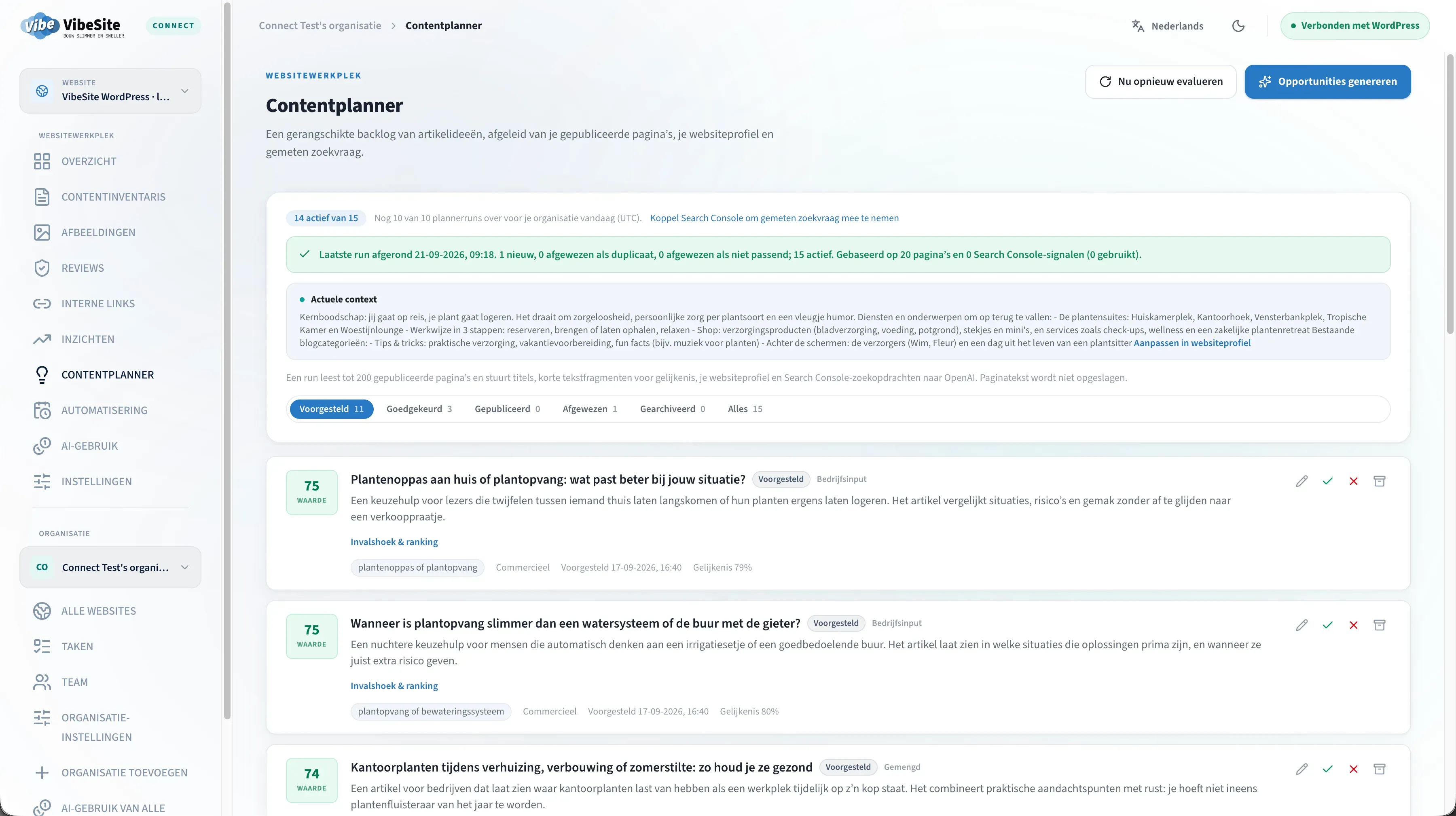 Contentplanner met artikelen en planningen.