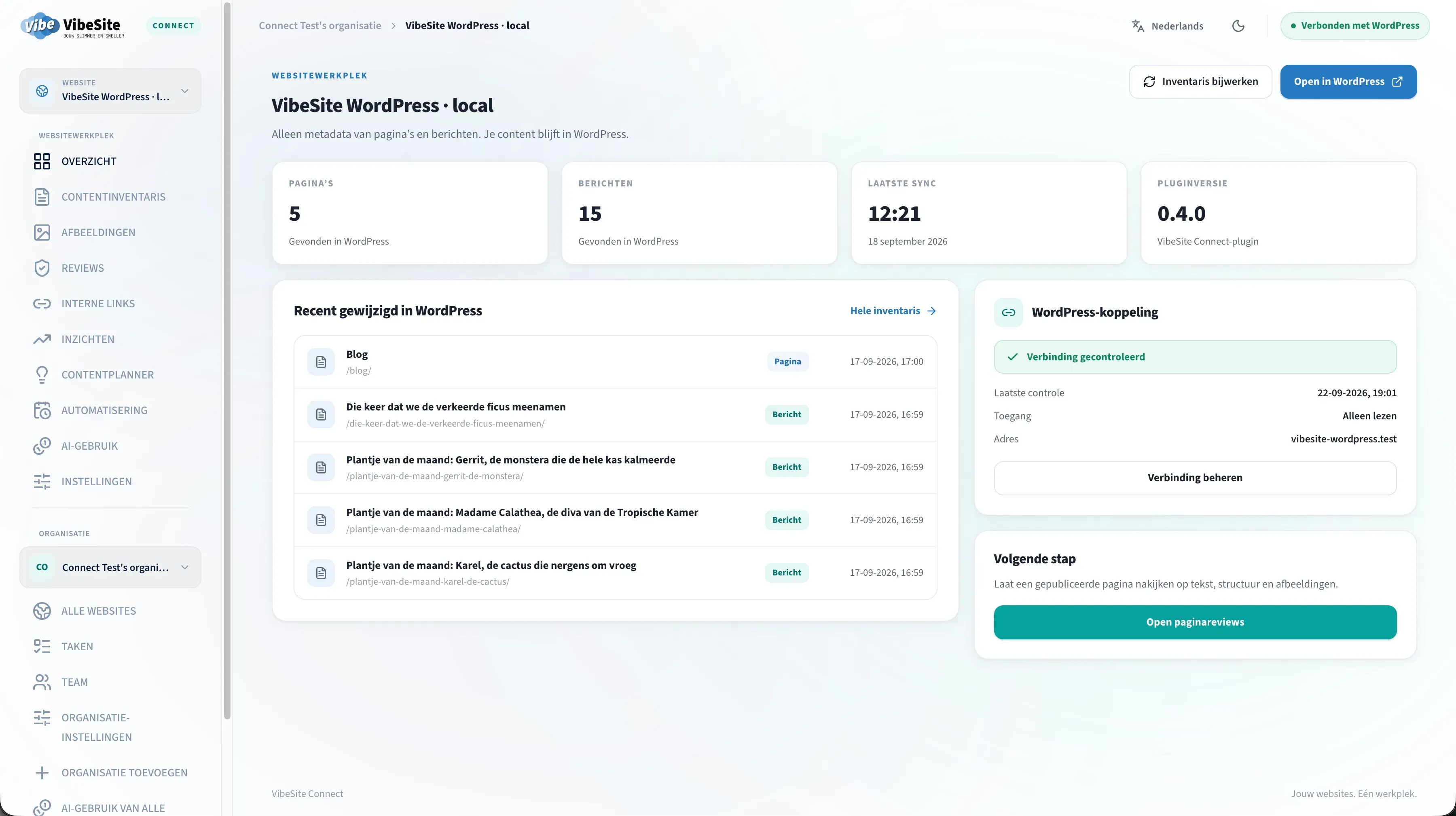 Dashboard van VibeSite Connect met Wordpress