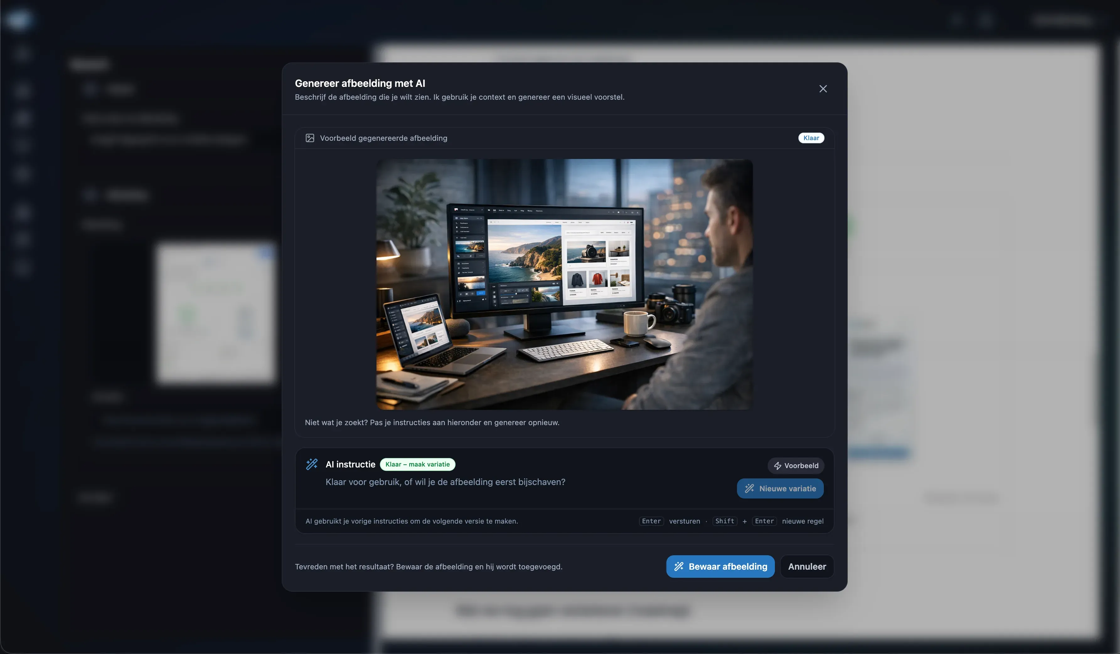 VibeSite screenshot waarin afbeelding wordt gegenereerd met AI
