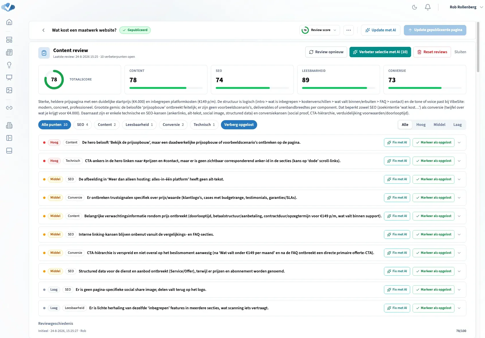 Scherm met inhoudsbeoordeling en analysesoftware.