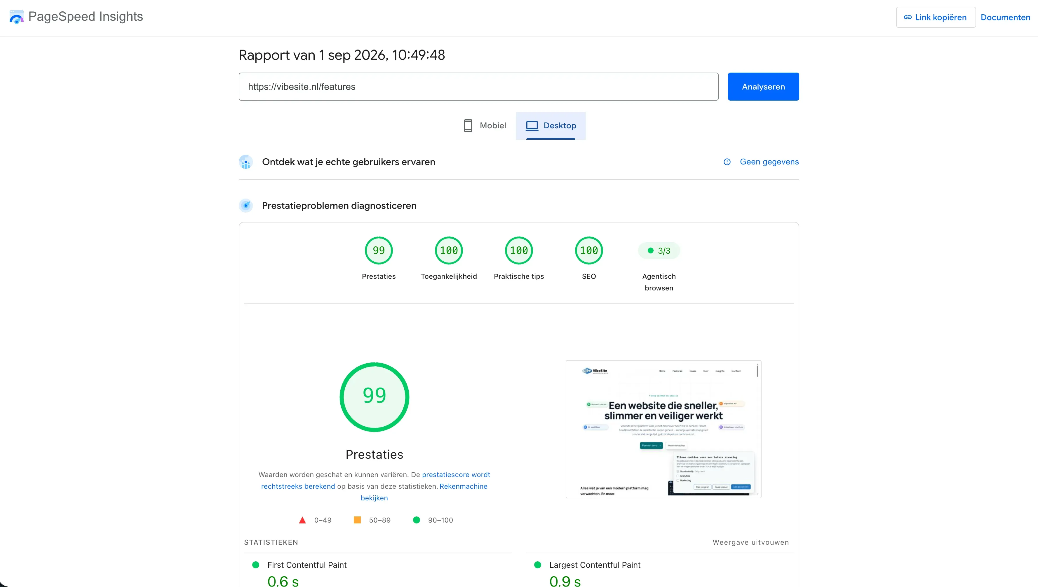 PageSpeed Insights rapport met prestatiescore van 99.