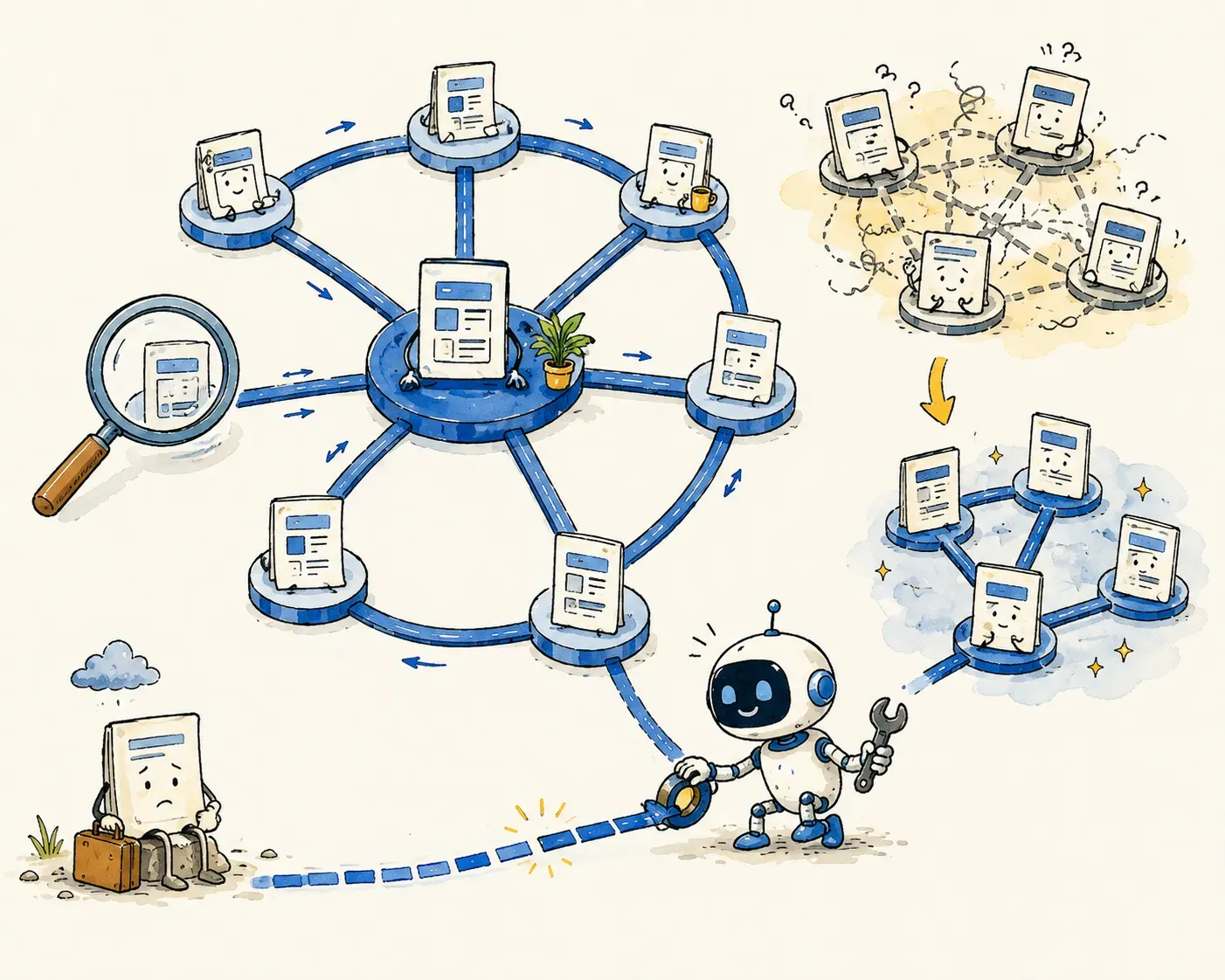 Illustratie van internal linking met behulp van AI-robot.